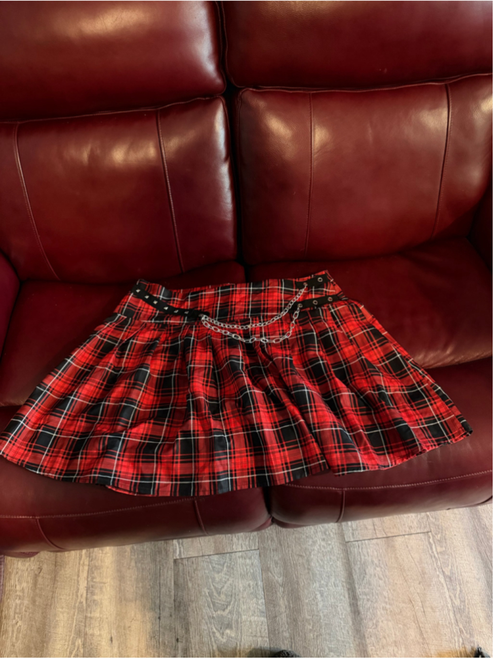 Women's Unbranded Plaid Mini Skirt Size S Red Black Chain Detail